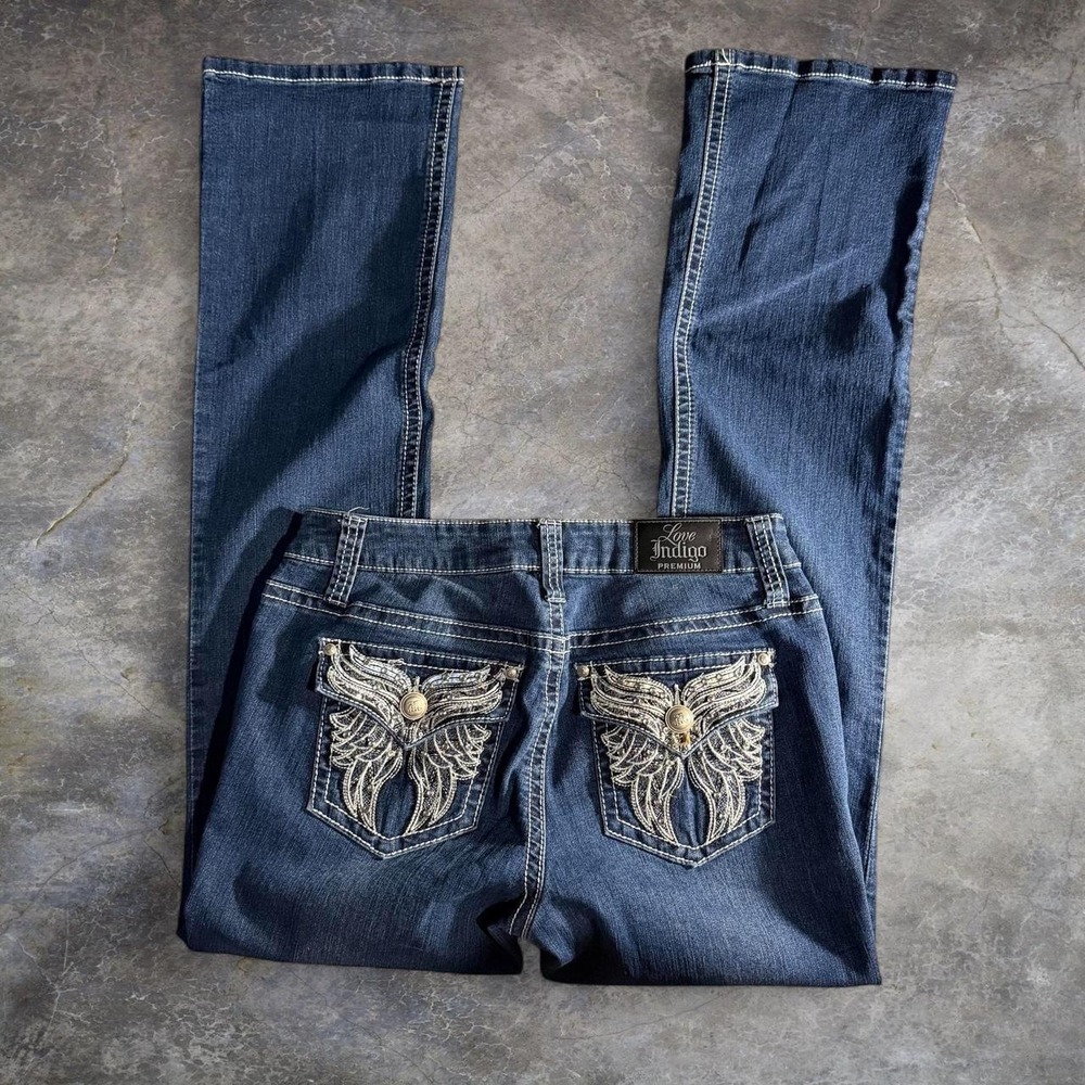 Love Indigo Low Rise Premium Embellished Bootcut Jeans Women's Size 6 Y2K Bling - Picture 1 of 7